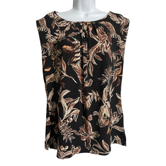Tahari Womens Floral Print Sleeveless Blouse Size M Black Brown - Picture 1 of 6